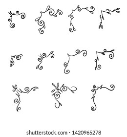handdrawn Decorative swirls corners. Scroll corner, decorative ornament swirl shapes or elegant vintage frame 