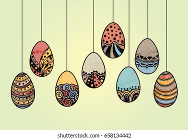 Handdrawn decorative zentangle colorful Easter eggs in grunge style. Doodle holiday design elements for greeting card, banner, poster, invitation, postcard. Vector illustration.