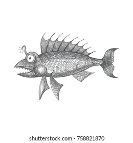 Handdrawn deep-sea fish. Isolated monochrome illustration. Sketched art.
