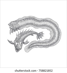 Handdrawn deep-sea fishes. Isolated monochrome illustration.Sketched art.