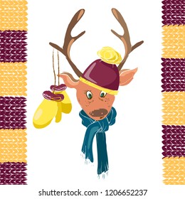 hand-drawn deer in hat and scarf, with mitts, isolated on white background, vector design