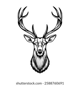 Hand-Drawn Deer Head with Antlers Vector Illustration, Black and White Deer Antler Illustration for Creative Use 