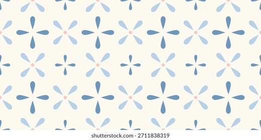Hand-drawn Delft-style geometric flower pattern with small repeating motifs in soft blue tones. Seamless vector design suitable for textiles, packaging, wallpapers, and decorative projects.