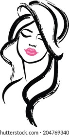 Hand-drawn delicate fashion sketch with loose Babette hairstyle. Vector ink graphic with black oil paint stroke line art, freehand illustration. Young lady In black and white with hot pink lips.