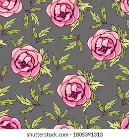 
Hand-drawn delicate floral vector seamless pattern. Pink flowers of peony, roses, green foliage on a gray background. Fabric prints, textile products, packaging, apparel, home decor.