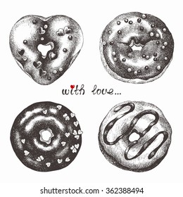 Handgezeichnet leckere Donuts Set 1, Vektorgrafik.