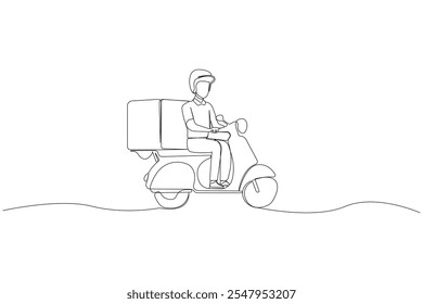 Hand-drawn delivery man ride scooter for delivery one line drawing isolated on white background. Vector illustration.