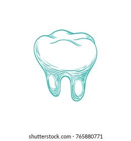 Hand-drawn dental clinic logo. Blue lines sketch molar, tooth icon. Doodle drawing object, sign for design illustration, for dentistry brochure, medical manuals, books or packaging. Isolated vector