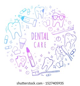 Handdrawn dental and orthodontic neon color vector set: tooth with braces, implant, healthy tooth, irrigator,tooth brushes, paste, mouth wash, interdental and orthodontic brushes Lettering Dental Care