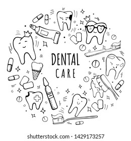 Handdrawn dental and orthodontic vector set: tooth with braces, implant, healthy tooth, irrigator, tooth brushes, paste, mouth wash, interdental and orthodontic brushes. Lettering Dental Care