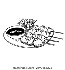 Hand-drawn depiction of grilled meatballs on skewers, served with a dipping sauce. The detailed line art shows several meatballs on skewers arranged on a plate with a sauce bowl.