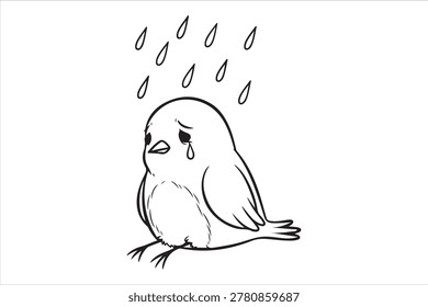 A hand-drawn depiction of a small, fluffy bird sitting and crying while raindrops fall from above. Evokes feelings of sadness and empathy.