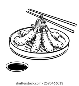 Hand-drawn depiction of tempura, a Japanese dish of battered and deep-fried seafood and vegetables. The detailed line art shows a plate of assorted tempura, including shrimp.