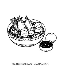 Hand-drawn depiction of Tom Yum Goong, a traditional Thai spicy shrimp soup. The detailed line art shows a steaming bowl with prawns, lemongrass, galangal, kaffir lime leaves, mushrooms, and tomatoes.