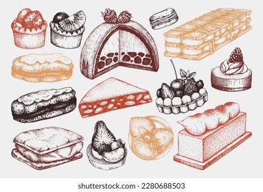 Ilustraciones del desierto dibujadas a mano. Menú de café bar, pastelería o diseño de panadería. Esbozos de comida vintage - eclairs, tartas, rodajas de vainilla, pasteles, macarones, colección vectorial de merengues. 