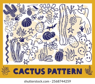 Hand-drawn desert pattern featuring various cacti, succulents, and desert elements in navy blue on beige background. Includes saguaro, prickly pear, birds, and stars. Perfect for fabric, wallpaper