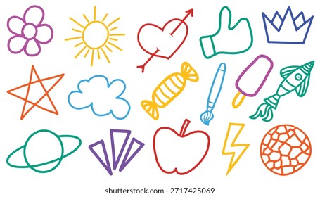 Hand-drawn design. Back to school concept. Kindergarten doodles on a white background. Cute kids background for your design, diploma. School related icons crayon chalk drawing vector set