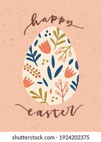 Hand-drawn design of Eastern greeting card. Vertical postcard with painted egg, spring flowers and Happy Easter inscription. Colored flat textured vector illustration