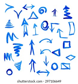 Handdrawn Design Element. Blue acrilic and watercolor icons.