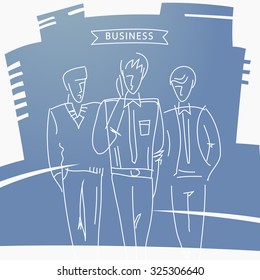 Hand-drawn design elements. Business men. Go three men in full growth. Business partners meeting. Illustration. Office style.Business city.