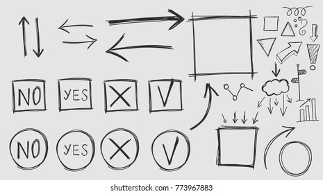 hand-drawn design elements, frames, arrows, graphics, underscore checkboxes, brush