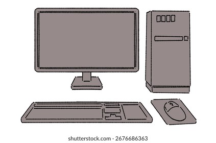 Hand-Drawn Desktop Computer Illustration in Simple Lines