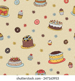 Hand-drawn Dessert Color Seamless Pattern with Cakes, Cupcakes, Donuts, Flowers