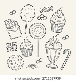Set de postres dibujado a mano: varios dulces y productos horneados. Incluye barra de chocolate, cupcakes, helado, helado, piruleta, algodón de azúcar, galletas y caña de azúcar. Vector de esquema