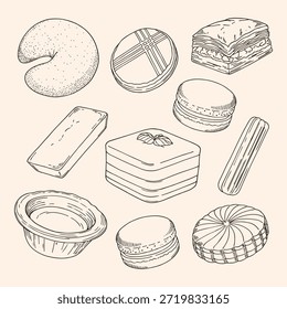 Conjunto de vetores de sobremesa desenhado à mão: Galette des Rois, Pastel de Nata, Churros, Tiramisù, Macaron, Financier, Baklava, Galette Bretonne, Vanillekipferl Line Art Illustrations