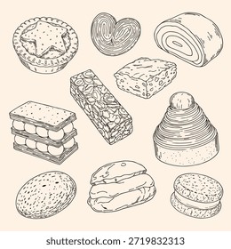 Conjunto de vetores de sobremesa desenhado à mão: Mont Blanc, Dacquoise, Cream Puff, Gingerbread, Mille-Feuille, Brownie, Orechovy Zavin, Palmier, Mince Pie, Turrón Line Art Dessert Illustrations