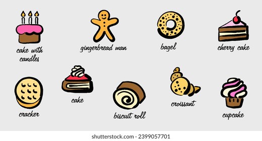 Hand-drawn desserts and bakery. Desserts and bakery products icons. Educational poster with the names of desserts and bakery products