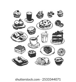 Hand-Drawn Desserts and Beverages Collection. Charming black-and-white hand-drawn illustration of various desserts and beverages, including cupcakes, cakes, fruits, and coffee. Ideal for cafe menu.