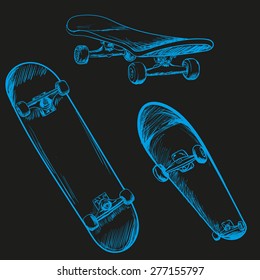 Hand-drawn detailed illustration of modern skateboards in different positions