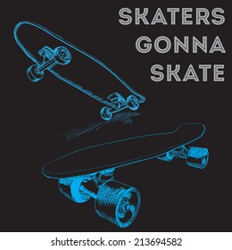 Hand-drawn detailed illustration of old-style and modern skateboards