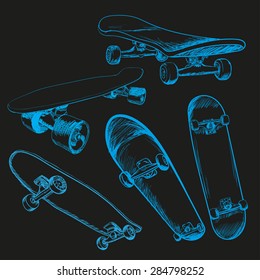 Hand-drawn detailed illustration of old-style and modern skateboards