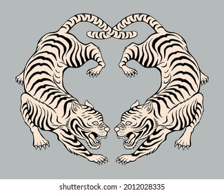 Hand-drawn detailed illustration of twin tigers. Applicable for Chinoiserie design, interior design, textile fabric, surface design, Chinese horoscope, Chinese Lunar New Year, emblem, and logo.