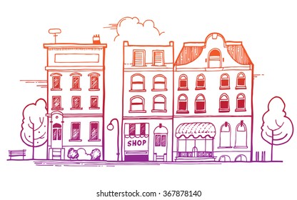 Hand-drawn detailed linear cityscape with different townhouses, old town street with building facades ink pen line illustration. Good for graphic, web and motion design
