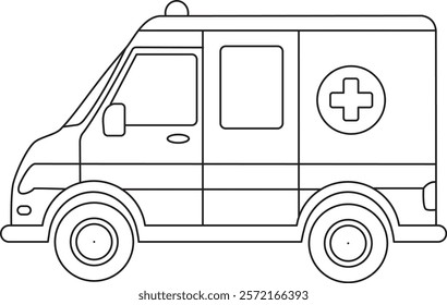 A hand-drawn detailed outline vector illustration of an ambulance van is designed as a coloring page for kids. It features clean, smooth lines and a simple design.