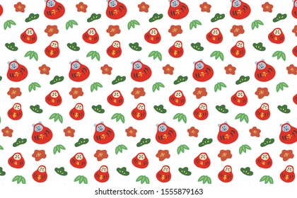Hand-drawn Dharma, pine, bamboo and plum pattern background material, cute lucky charm.  vector illustration