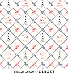 Hand-Drawn Diagonal Plaid with Sailing Ropes, Zeppelin Knots, Marine Landscape and Lightouses Vector Seamless Pattern.