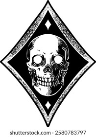 Hand-drawn diamond playing card with a skull illustration, perfect for logos, tattoo designs, vintage-style graphics, apparel, or classic gothic-themed branding.