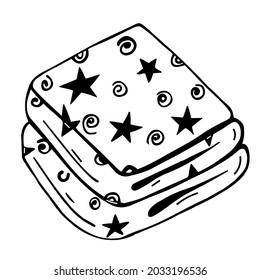 Hand-drawn diaper stack. Baby absorbent wipes vector icon. A sketch of a set of cotton pieces of fabric. A stack of napkins with a star and spiral pattern. 