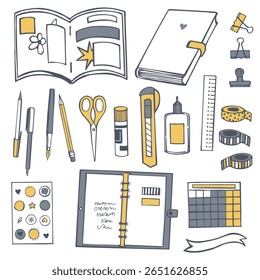 Hand-drawn diaries and office supplies. Vector sketch  illustration.