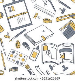 Hand-drawn diaries and office supplies. Vector seamless pattern. 