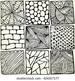 Hand-drawn different black on beige ink textures background