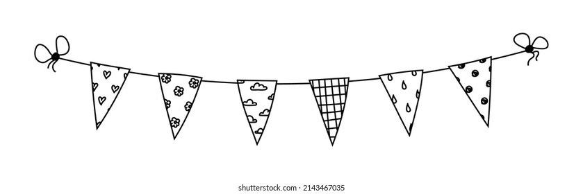 Hand-drawn different Bunting of flags on a string. Doodle garland flag with hearts, clouds, drops, checkered and polka dots. Black on white vector bunting flag for the holiday isolated outline.