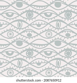 hand-drawn different eyes seamless pattern light dusty palette, endless background with eye symbol of magic esoteric divination