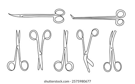 Hand-drawn different types of surgical scissors used in medical practice during operations. A medical instrument used to cut soft tissue, cartilage, ribs, and hollow organs. Vector set of tools.