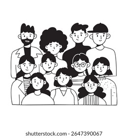 Silhuetas desenhadas à mão de pessoas diferentes. Ilustrações modernas e abstratas do vetor. Conceito monocromático preto.