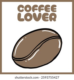 Hand-drawn digital illustration of a brown coffee bean with bold black outlines and "Coffee Lover" text in a playful font on a white background, Vector